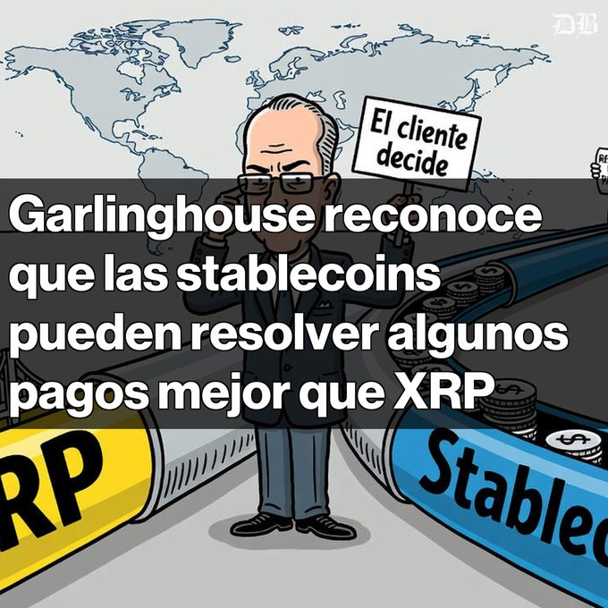 A cartoon depicts a serious man in glasses holding an 'El cliente decide' sign, standing between pipes labeled 'XRP' and 'Stablecoins' over a world map, with Spanish text 'Garlinghouse reconoce que las stablecoins pueden resolver algunos pagos mejor que XRP'.