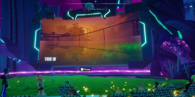 A vibrant video game scene shows a hologram display labeled 'Pulse District' with 'THIS IS' text and a 'Focus' prompt, while a small character and a pug stand on grass below.