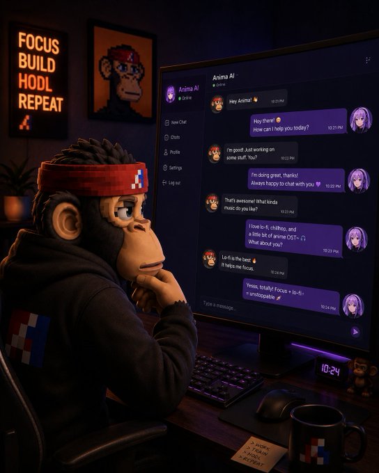 A digital artwork of a Bored Ape-style character with a red headband sitting at a desk in a dark room, chatting on a computer with an AI companion called 'Anima AI' who asks about In-Fi (Injective). The wall sign reads 'FOCUS BUILD HODL REPEAT'.