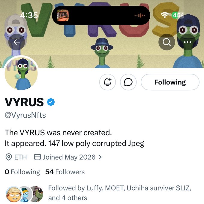 The image shows a social media post from someone named @VyrusNfts, which appears to be a Twitter account. The post features a cartoon of three people wearing masks with the text "Vyrus" written above them. The post also includes a link to a video and mentions that it was created by @VyrusNfts.