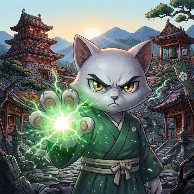A digital illustration of a white cat wearing a green kimono, channeling glowing green energy from its paw in a fierce pose, set against a backdrop of traditional East Asian temples and mountains.