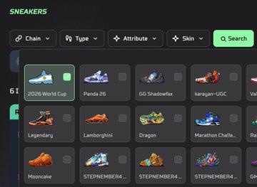 The image shows a page with a shoe search bar at the top, displaying various types of sneakers available for selection. The shoes are organized into different categories such as "World Cup", "Lamborghini", and "Stepn-market-guide". A filter has been added to the search bar, which allows users to filter the results based on specific attributes like "type" or "chain". Additionally, there is a gallery section displaying all the available sneakers in the search bar. The post mentions that the gallery features all 48 skins stepn-market-guide and thanks @shenfeng842 for providing information about the shoes.