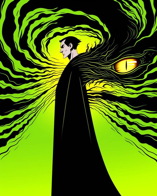 A stylized illustration features a figure in a black cloak standing against a swirling green and black background with a glowing yellow eye-like shape on the right.