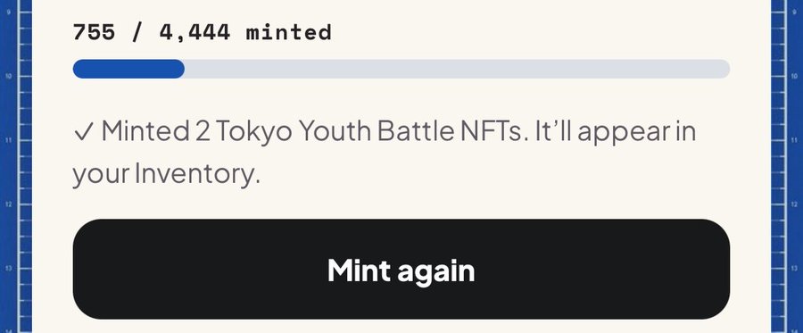 A digital minting interface for the "Tokyo Youth Battle" NFT collection shows 755 of 4,444 tokens minted with a progress bar, confirming the user has successfully minted 2 NFTs, alongside a "Mint again" button. This aligns with the post's enthusiasm for the Denpa Club project, where the user is actively participating in the mint and eagerly awaiting the artwork reveal to purchase their favorite pieces.