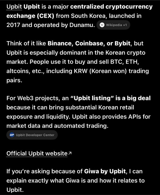 A screenshot explains that Upbit is a major South Korean centralized cryptocurrency exchange operated by Dunamu, comparable to Binance or Coinbase, and notes that an "Upbit listing" provides significant Korean retail exposure and liquidity for Web3 projects. The image relates to the post by providing context about Upbit as the parent platform behind GIWA, the new chain the user is researching.