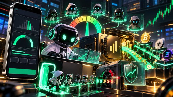 A vibrant digital illustration featuring a futuristic robot character wearing headphones, surrounded by floating green tech elements, charts, and cryptocurrency coins like Bitcoin and Solana.