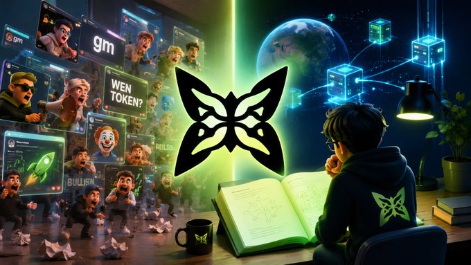The image features a split scene with cartoonish figures reacting to "gm" and "WEN TOKEN?" messages alongside rocket graphics on the left, contrasted with a person calmly reading glowing green documentation next to a butterfly logo and floating network cubes on the right. The butterfly logo and "gm" branding suggest this represents Quip Network, visually reinforcing the post's message that genuine understanding comes from quietly studying solid documentation rather than getting swept up in hype-driven crypto chatter.