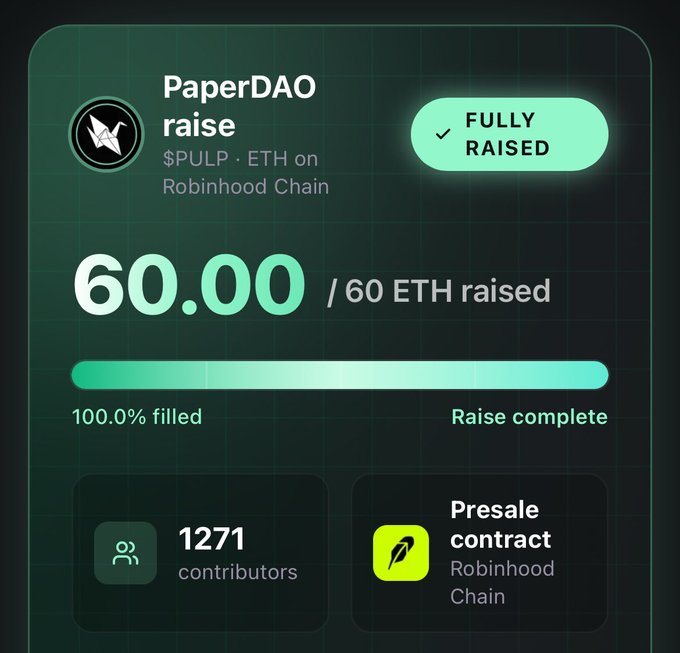 A digital graphic showing a "PaperDAO raise" for $PULP on Robinhood Chain that is "FULLY RAISED," having reached its 60 ETH goal with 1271 contributors.