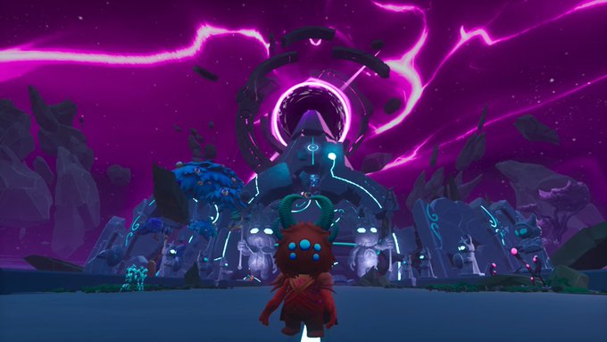 A vibrant video game scene showing a character standing before a glowing portal structure with a pink/magenta portal ring under a purple stormy sky.