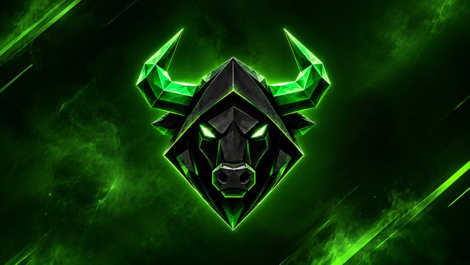 A stylized green and black bull or ox logo with glowing eyes on a dark green background.