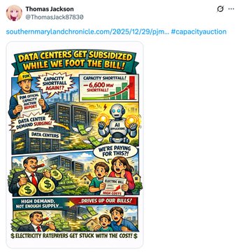 A tweet from Thomas Jackson sharing a political cartoon about data centers receiving subsidies while electricity ratepayers foot the bill.