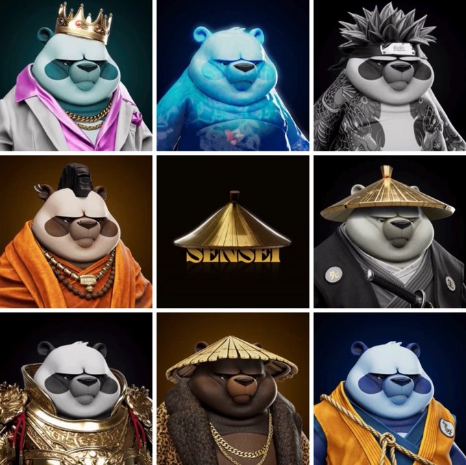 A 3x3 grid showcasing various stylized panda NFT avatars from the "SENSEI" collection, featuring each bear in different thematic outfits including a king with a crown, a ninja with a headband, a samurai with a straw hat, and warriors in golden armor, with the gold "SENSEI" logo displayed in the center, promoting the collection as profile pictures (pfps) for NFT enthusiasts.