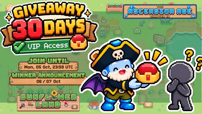 A promotional graphic for a game giveaway offering '30 DAYS VIP Access,' featuring a cartoon pirate character holding a red gem, with text indicating a join deadline of 'Mon, 05 Oct' and the game 'The Ascension Age.'