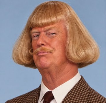 A digital portrait shows a man with a mustache wearing a blonde bob wig and a checkered blazer against a blue background.