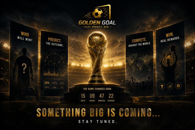 The image features a poster with a soccer trophy displayed at the center of four banners. The text "Golden Goal" is written above the trophy, while "golden goal" is below it. Below the trophy, there are four smaller banners displaying different soccer player images and descriptions. One banner reads "Who will win?" and another says "The outcome". A third banner displays a list of soccer players' names along with their achievements. The fourth banner includes a quote about soccer goals.