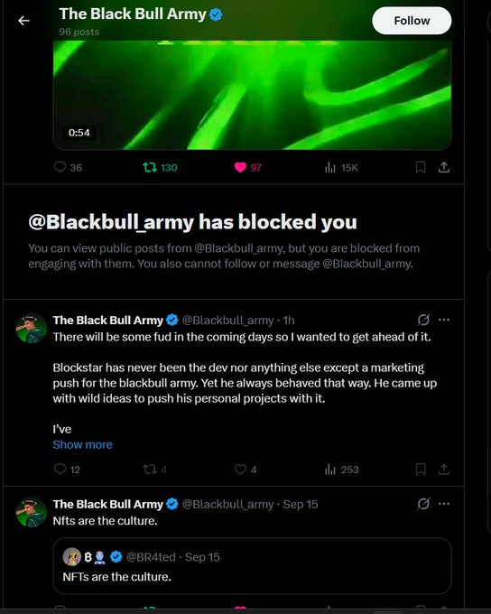 A screenshot of an X/Twitter profile for 'The Black Bull Army' (@Blackbull_army), showing that the user has been blocked by the account, along with recent tweets mentioning upcoming FUD and 'NFTs are the culture.'
