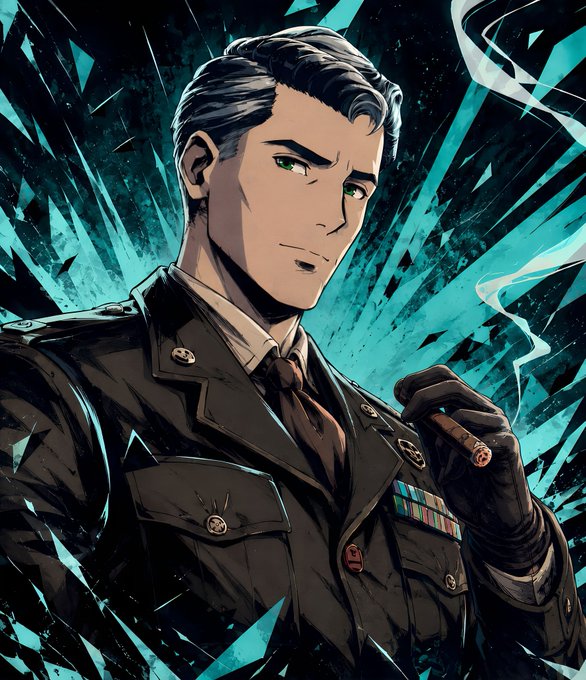 An illustrated comic-style portrait of a dark-haired man in a military uniform holding a cigar, with glowing green eyes set against a shattered teal background.