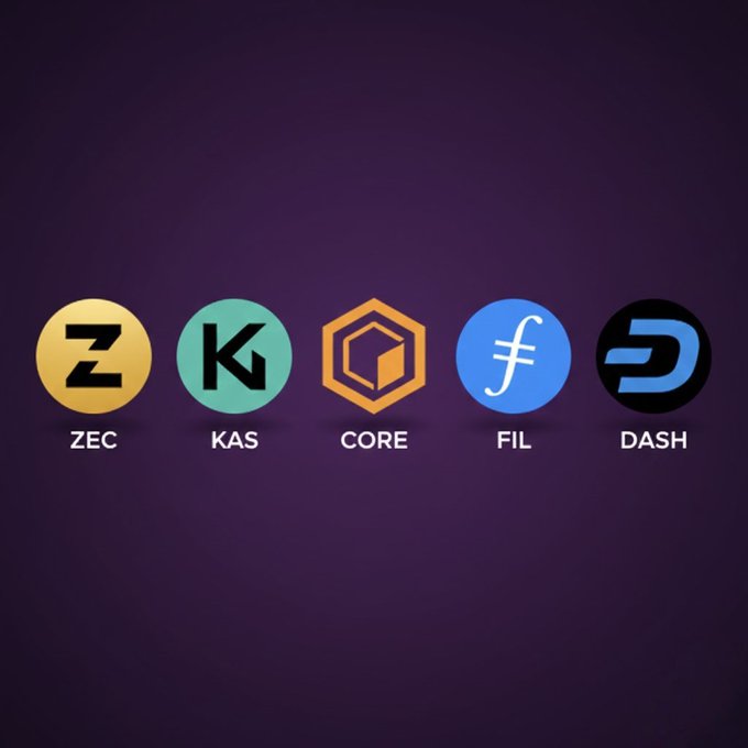 The image displays five cryptocurrency logos with tickers ZEC (Zcash), KAS (Kaspa), CORE (Core DAO), FIL (Filecoin), and DASH against a dark purple background. The image relates to the post by presenting these five crypto projects as options for a hypothetical $10,000 investment choice.
