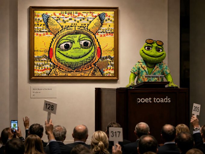 An anthropomorphic green toad wearing sunglasses and a Hawaiian shirt stands at a "poet toads" auction podium, auctioning off its own vibrant yellow pop-art portrait to a crowd of bidders holding numbered paddles including 128, 205, and 317. The whimsical scene captures the crypto meme coin $TOADS' satirical take on the art world, with the toad serving as both the auctioneer and the artwork being sold.