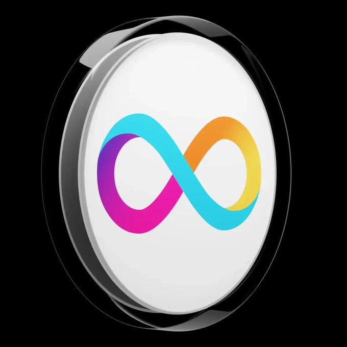 An infinity symbol logo with a gradient of purple, cyan, blue, and orange colors, displayed on a circular glossy emblem against a black background.
