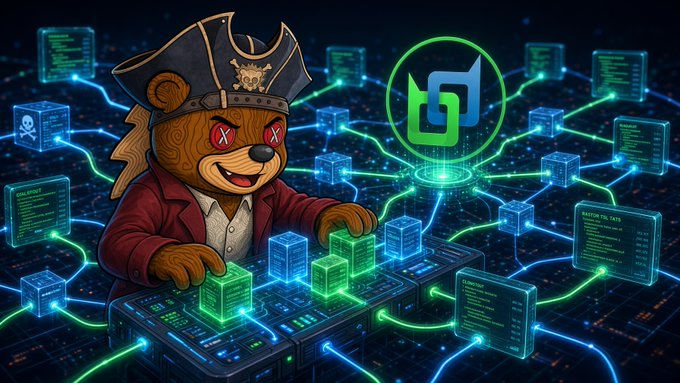 A digital illustration of a cartoon bear pirate with red X eyes wearing a hat, DJing on glowing green blockchain data cubes connected by neon lines.
