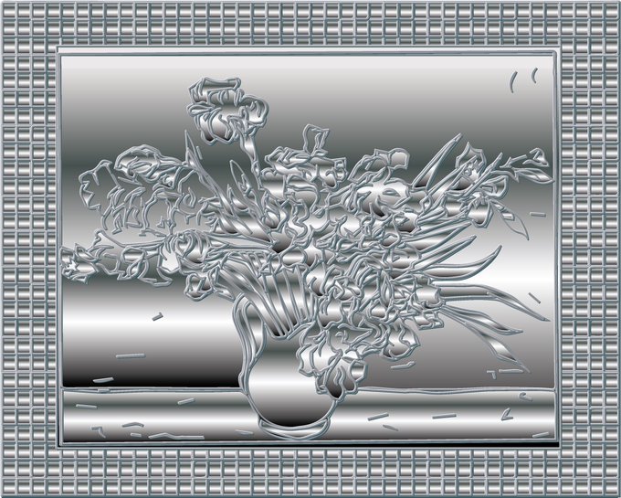 A metallic, embossed-style rendering of a vase filled with flowers, featuring a textured grid border.