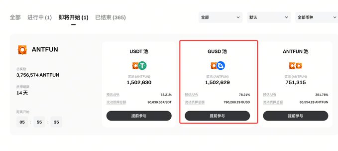 A Chinese-language cryptocurrency pool page displaying "ANTFUN" with pools for USDT, GUSD (highlighted in a red box), and ANTFUN, showing APR rates and 14 days remaining.