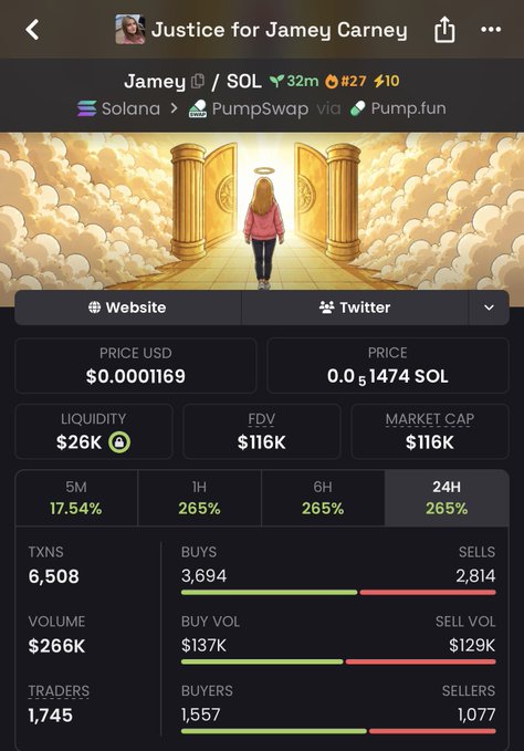 A cryptocurrency token page for 'Justice for Jamey Carney' (ticker $Jamey) on the Solana blockchain via PumpSwap/Pump.fun shows a price of $0.0001169 USD (0.0001474 SOL), $26K liquidity, $116K FDV, and 265% gains across 1H, 6H, and 24H periods, with 6,508 transactions and 1,745 traders.