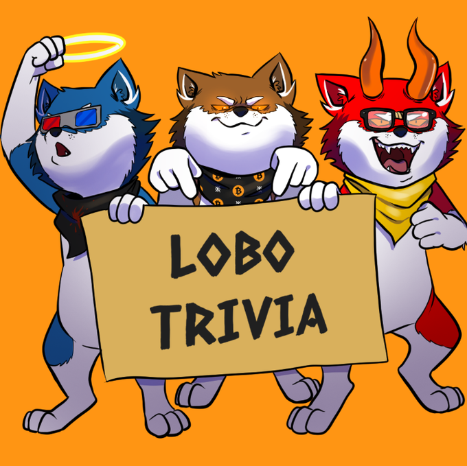 Three cartoon wolf mascots—one with a halo and 3D glasses, a central one in a Bitcoin bandana, and a red-horned wolf with sunglasses—hold a banner reading "LOBO TRIVIA," matching the post's trivia challenge about LOBO's Rune etching details.