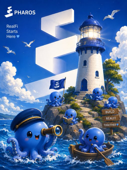 Cute blue octopus characters gather around a lighthouse and a large "2" with the "PHAROS" logo and text reading "RealFi Starts Here" and "BUILD REALFI TOGETHER".