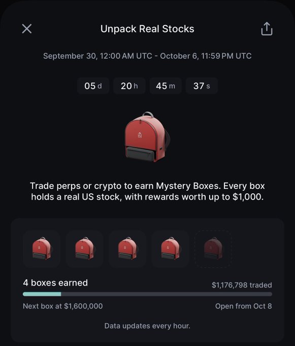 A mobile app interface for 'Unpack Real Stocks' shows a countdown timer with 4 boxes earned and $1,176,798 traded.