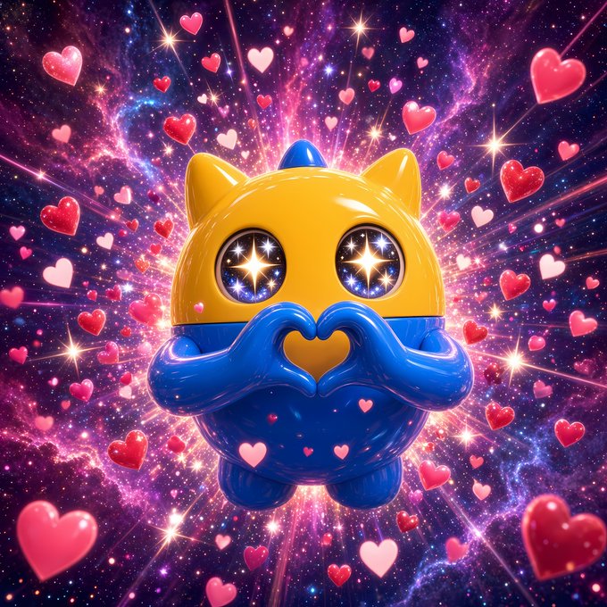 A 3D-rendered yellow and blue cat-like figure with starry eyes forms a heart shape with its paws, surrounded by floating pink hearts against a cosmic purple background.