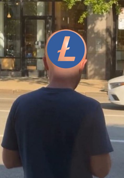 A bald man in a dark blue t-shirt stands on a city street with his back to the camera, with a blue cryptocurrency-style logo featuring an orange "Ł" symbol overlaid on his face. A white car and storefronts are visible in the background.