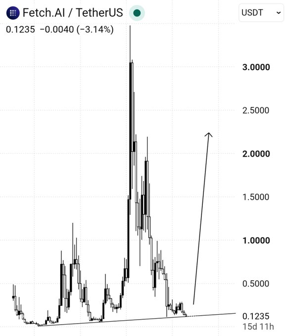 A candlestick chart of Fetch.AI/TetherUS ($FET/USDT) shows the price at 0.1235, down 3.14%, with historical peaks near 3.0000, illustrating the post's warning about a sharp downward move ("two bow lengths") if the asset fails to form a final bottom.