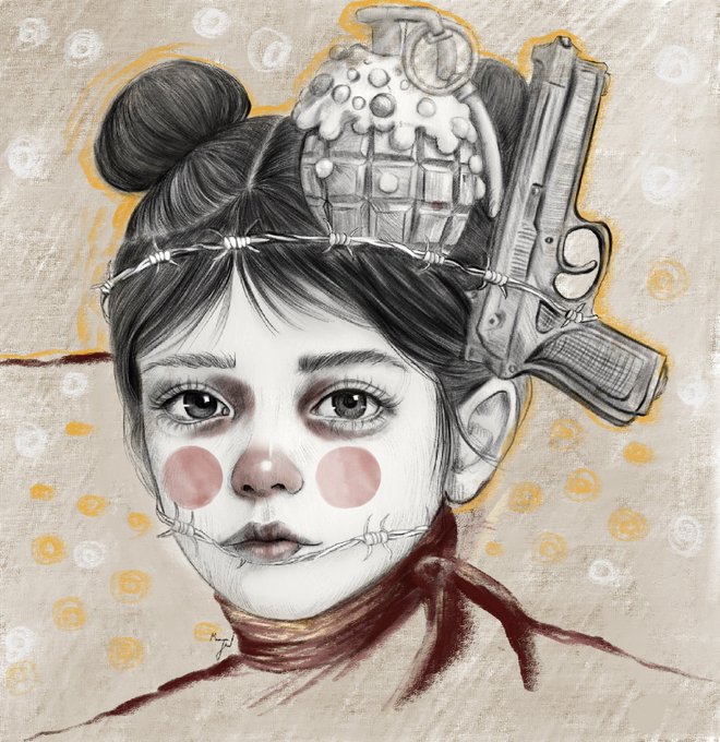 The image features a black and white illustration of a young girl with a unique hairstyle, wearing a headband that has a bomb on top of it. The girl also has a gun strapped to her head. The background of the image consists of a beige canvas with yellow dots scattered throughout. The caption at the bottom of the image reads "GM Inherited Silence $tez objkt.com/tokens/KT1WL7d".