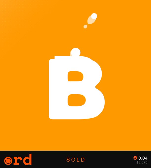 An orange graphic displaying a large white letter 'B' logo with the word 'SOLD' at the bottom, along with '0.04' and '$3,075' in the corner.