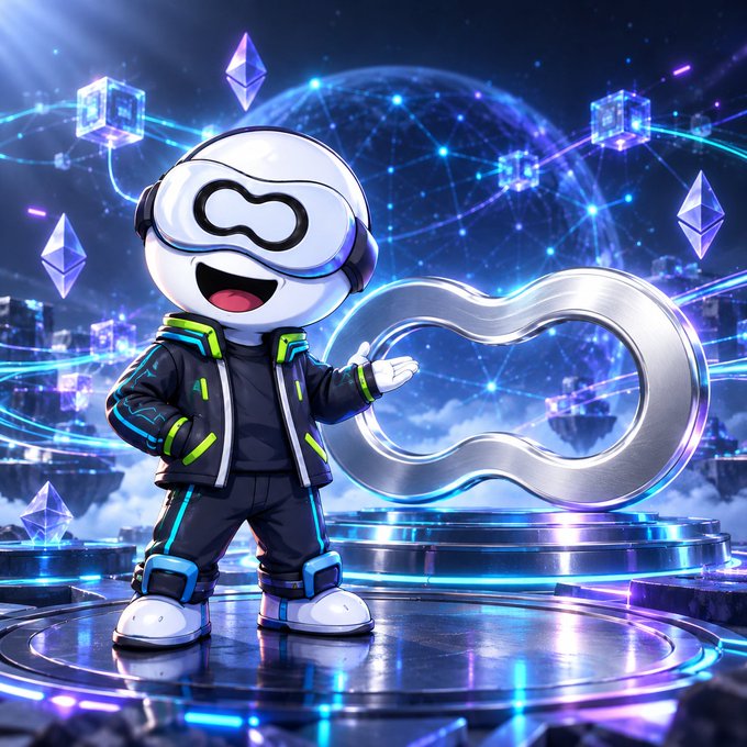 A 3D-rendered cartoon mascot character wearing futuristic VR goggles and a black/green tracksuit, standing on a glowing platform next to an infinity symbol with a cosmic blue background and floating crystals.