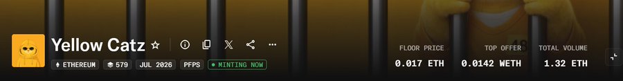 A webpage banner for the NFT collection 'Yellow Catz' showing Ethereum blockchain details with a floor price of 0.017 ETH, top offer of 0.0142 ETH, total volume of 1.32 ETH, and a 'Minting Now' status.