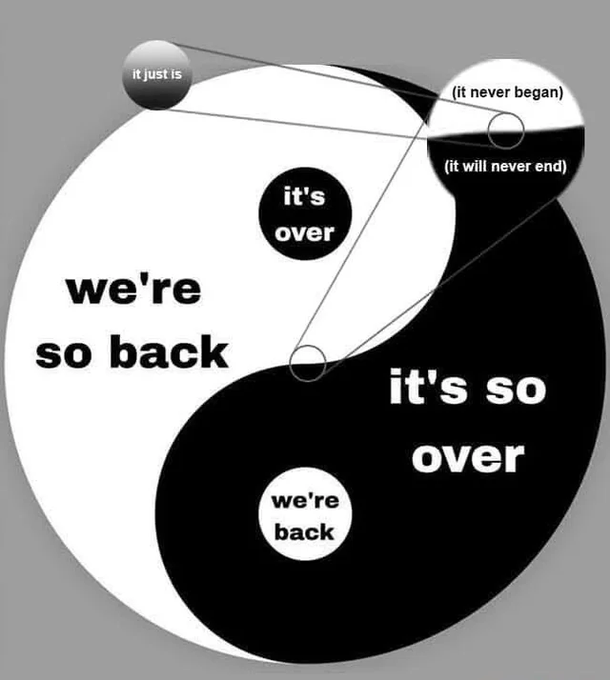 The image is a yin-yang meme showing "we're so back" (white) and "it's so over" (black) sections containing smaller circles labeled "it just is," "it never began," "it will never end," "it's over," and "we're back." It relates to the post about onchain by suggesting the cyclical nature of crypto narratives—where things constantly return ("we're so back") even though they supposedly never ended.