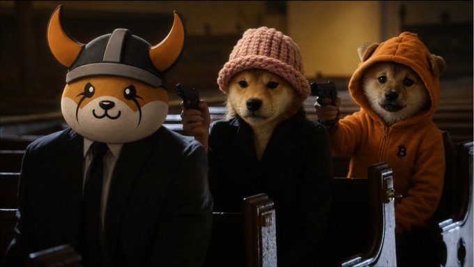 A humorous scene of three figures wearing dog and Shiba Inu masks, with two holding handguns in what appears to be a church setting.