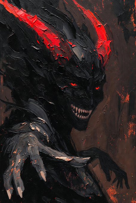A dark, textured digital painting of a menacing demonic creature with sharp teeth, glowing red eyes, and red glowing fissures across its head and claws, set against a dark background.
