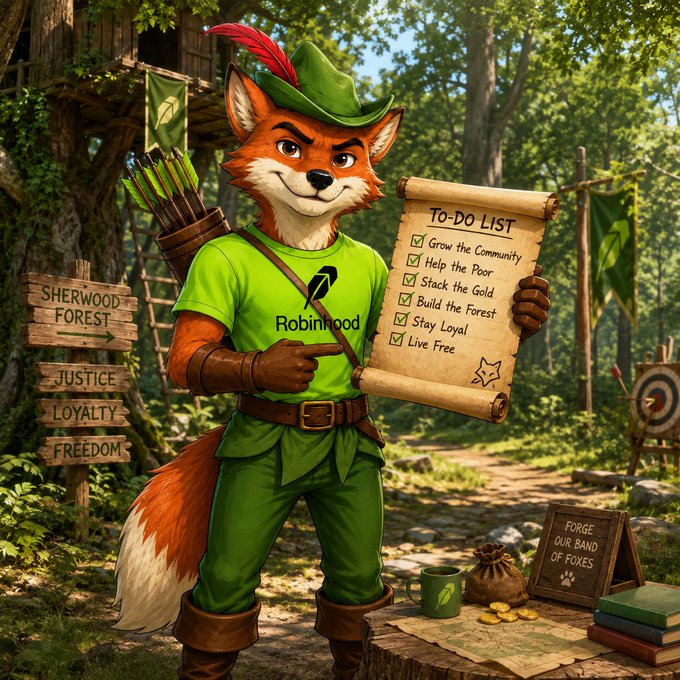 An illustrated anthropomorphic fox dressed as Robin Hood in Sherwood Forest, wearing a green Robinhood t-shirt and holding a scroll titled 'TO-DO LIST' with items like 'Stack the Gold' and 'Stay Loyal.'