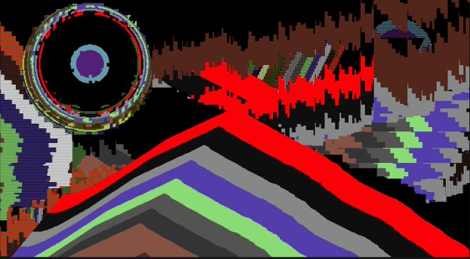 A glitchy, pixelated abstract image with colorful concentric triangles, a circular eye-like shape, and a red brushstroke pattern.