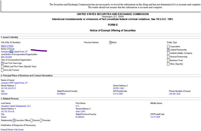 SEC Form D filing for Arrington XRP Capital Fund, LP showing CRD #0001727924, a Florida-based limited liability company with 51 investors raising $9,529,900 as of September 9, with related person Michael Arrington of Arrington Capital Management, LLC, corroborating the post's claim that the crypto fund has accumulated nearly $10M from 51 investors.