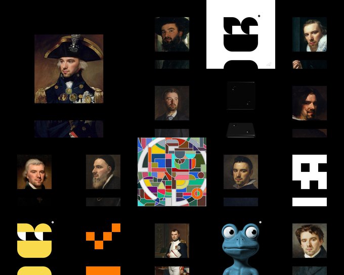 A collage featuring classical portrait paintings of historical figures, a colorful geometric face design, stylized logos (including 'SR' and 'E!'), and a blue cartoon frog against a black background.