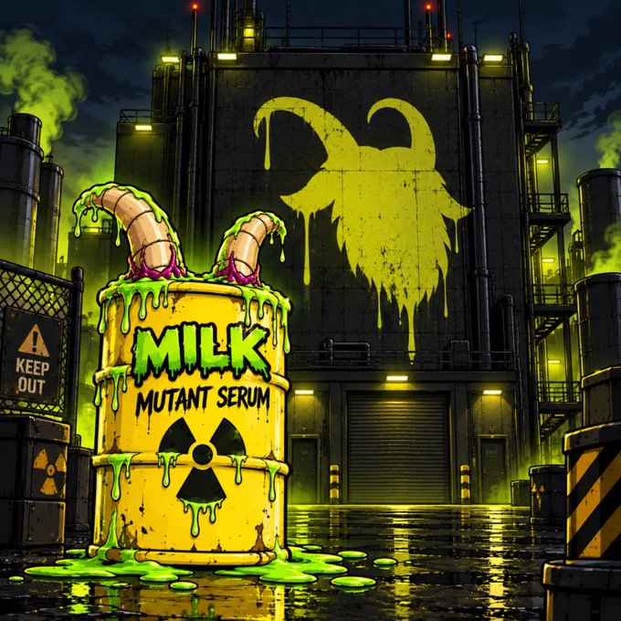 A digital illustration of a yellow barrel labeled 'MILK MUTANT SERUM' with a radiation symbol, covered in dripping green ooze, set against a dark industrial building with a graffiti-style horned skull.
