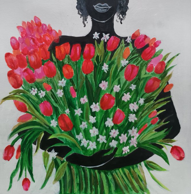 The painting depicts a black silhouette of a woman holding a large, vibrant bouquet of red and pink tulips with small white blossoms and green leaves, evoking the "beautiful as a tulip" sentiment in the post advertising an artwork for 2.88 XTZ on objkt.com.