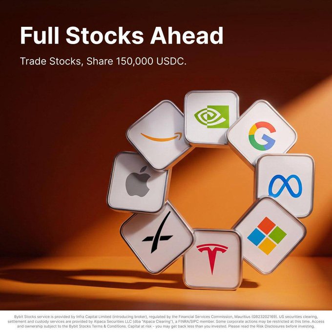 An advertisement reads “Full Stocks Ahead” and “Trade Stocks, Share 150,000 USDC,” surrounding a circle of app-style stock tiles showing logos such as Amazon, NVIDIA, Google, Apple, Meta, Tesla, and Microsoft.