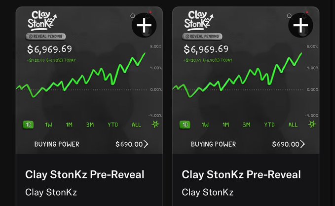 A screenshot showing the 'Clay StonKz' stock price at $6,969.69 (+20.6% today) displayed twice with green upward trend charts.