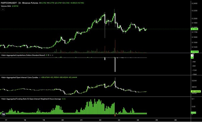 Fartcoin 1-hour chart showing price at $0.1752 (+0.74%) with the 50 SMA at $2.537M, alongside liquidation heatmap, open interest dropping to ~451M and funding rate back to baseline 0.01—confirming the post's claim that overzealous longs have washed out and a base is forming for another explosive move higher.